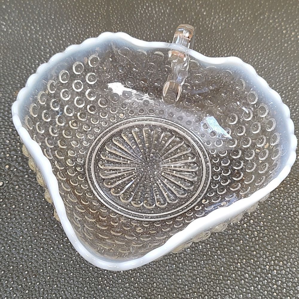 Vintage Anchor Hocking Moonstone Clear Opalescent Hobnail Nappy Dish with Handle